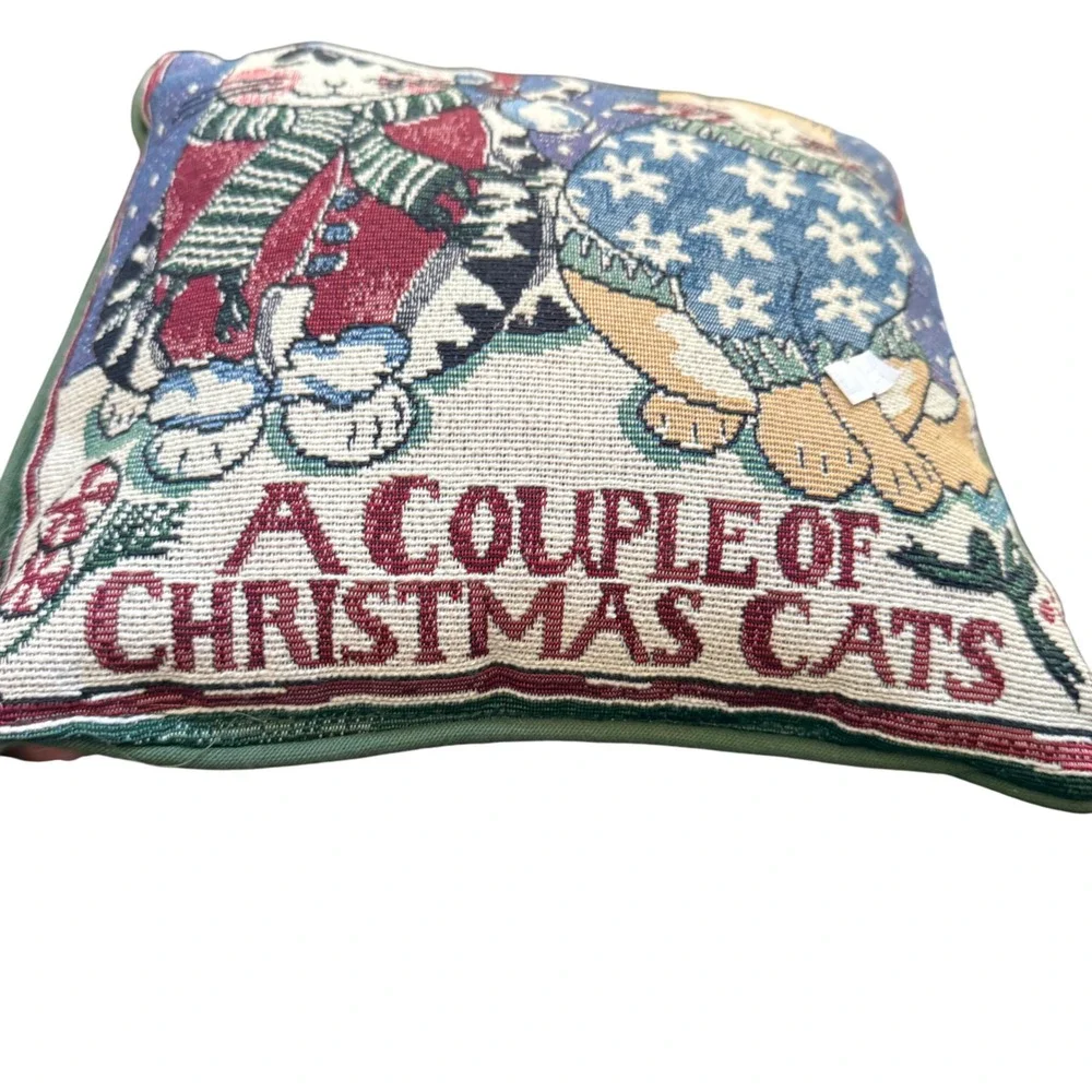 VTG Tapestry Accent Pillow Cat Christmas Novelty Print‎ Holiday Kitsch 11.5x11.5